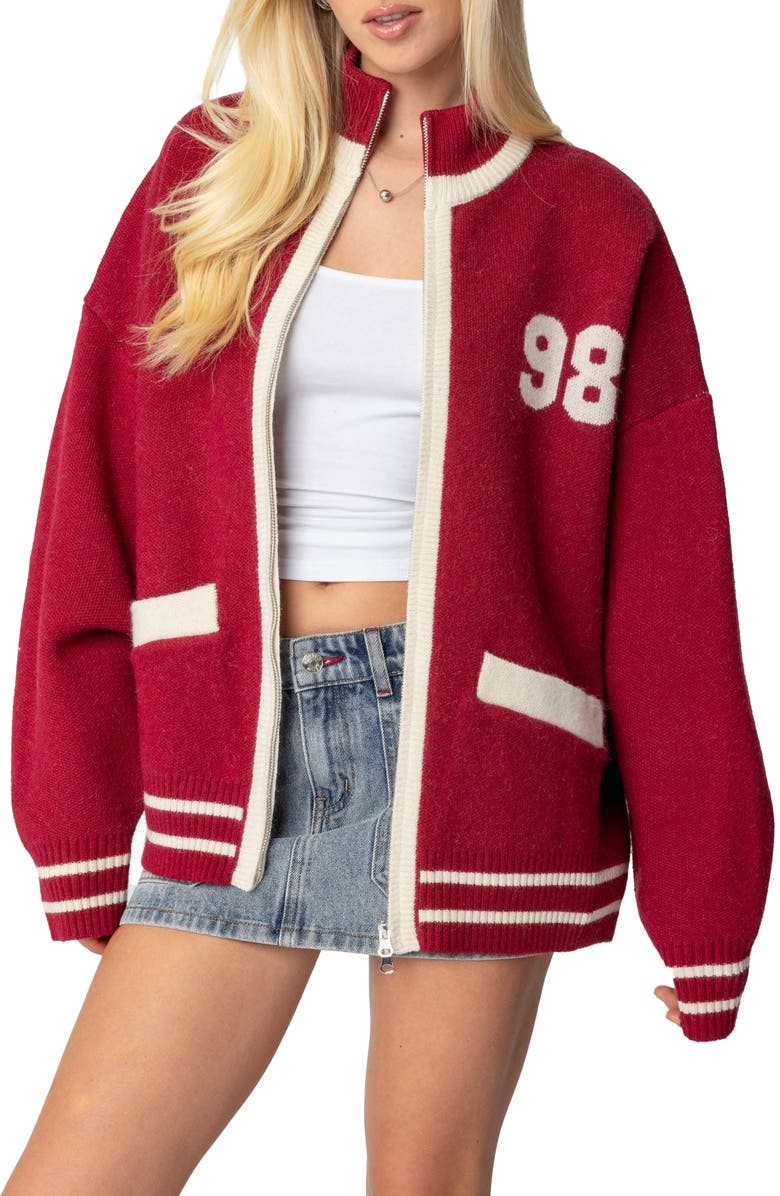 EDIKTED 98 Varsity Zip Sweater, Main, color, Burgundy