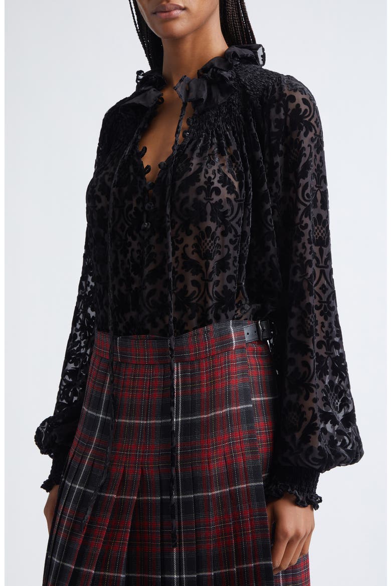 Paisley Flocked Bishop Sleeve Top, Alternate, color, BLACK IP PATTERN