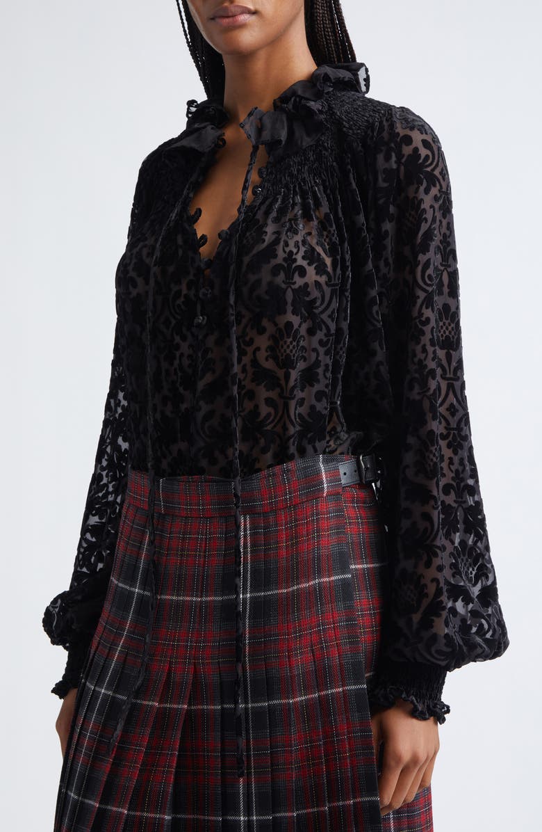 Burberry Paisley Flocked Bishop Sleeve Top, Alternate, color, Black Ip Pattern