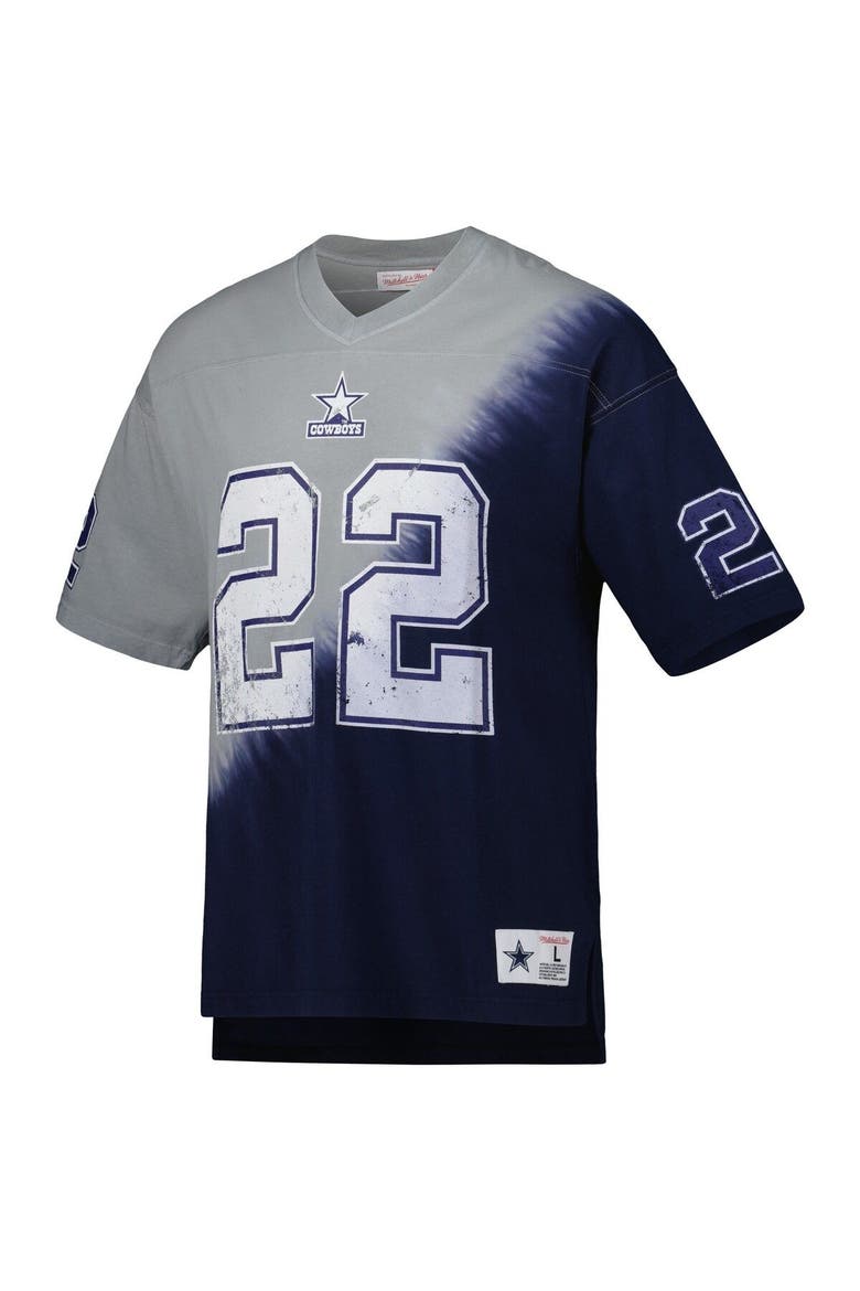 Men's Mitchell & Ness Emmitt Smith Navy/Gray Dallas Cowboys Retired Player Name & Number Diagonal Tie-Dye V-Neck T-Shirt, Alternate, color, Navy