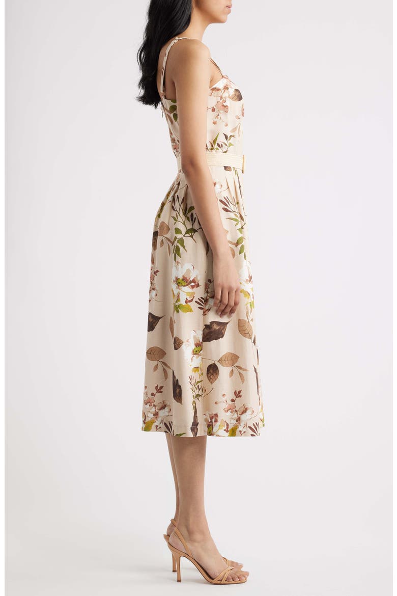 Floral Print Sleeveless Belted Midi Dress, Alternate, color, SAND AGAVE