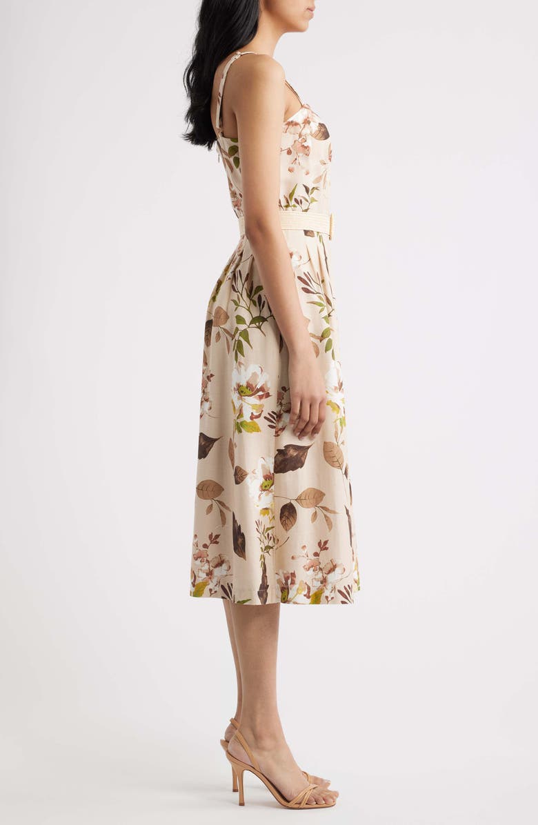 Tahari ASL Floral Print Sleeveless Belted Midi Dress, Alternate, color, Sand Agave