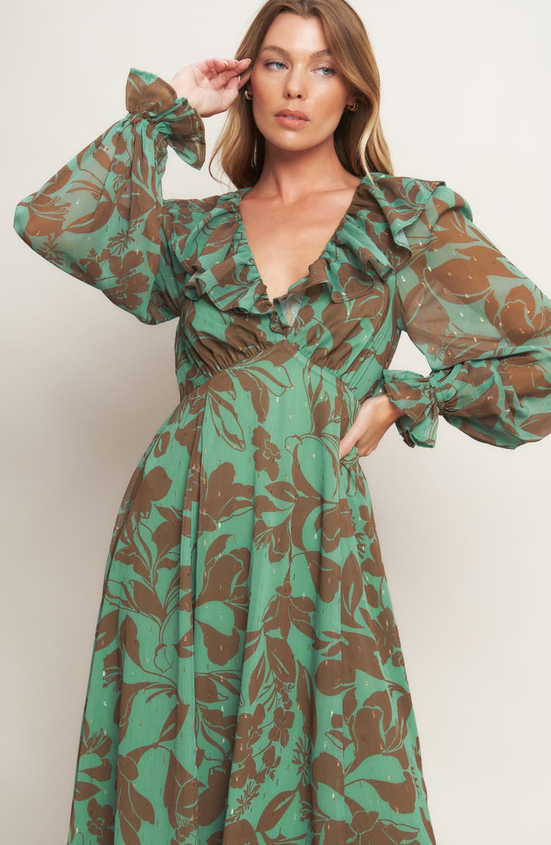FLYING TOMATO Metallic Print Chiffon Maxi Dress, Alternate, color, Sage Brown