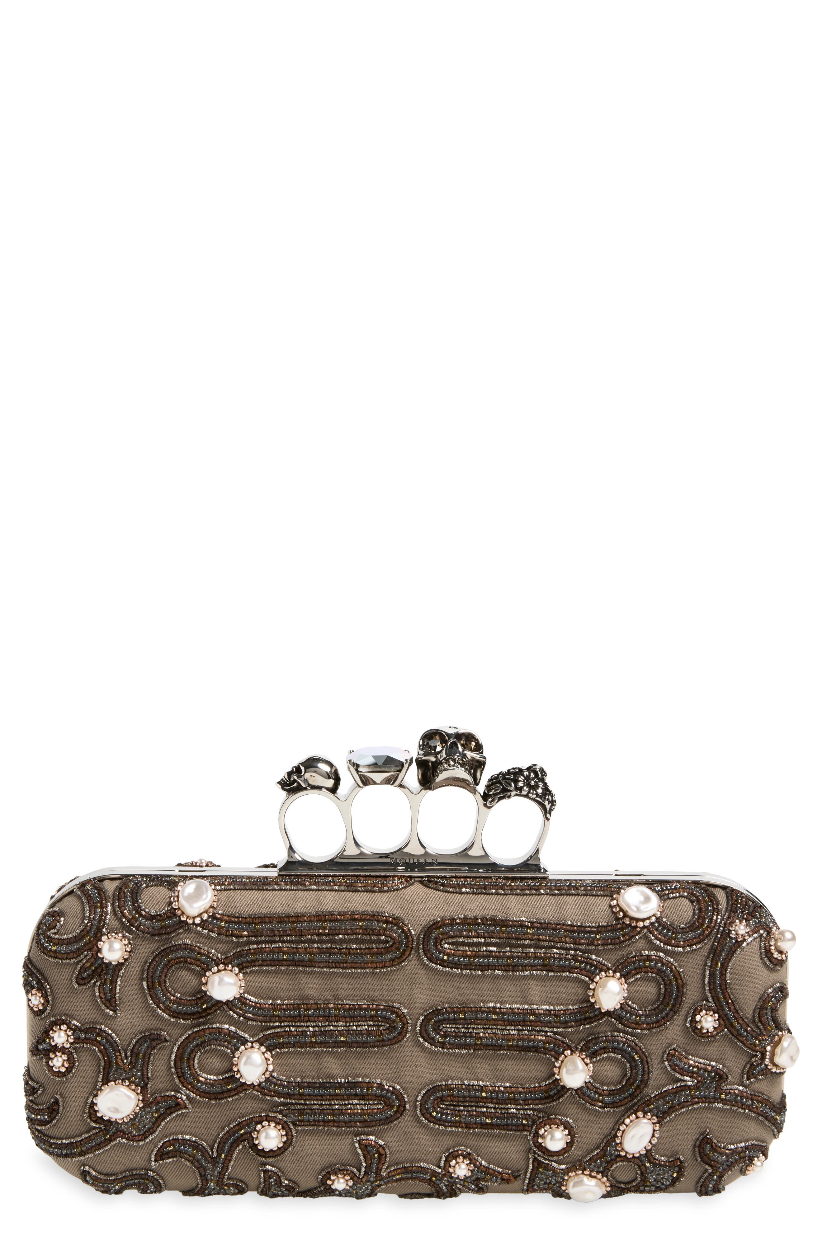 Skull Embellished Four-Ring Leather Long Clutch, Main, color, LIGHT BEIGE/ SILVER