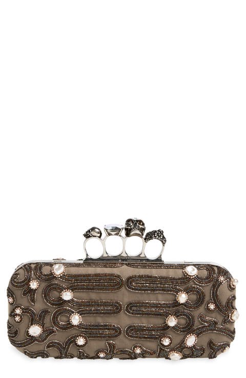 Skull Embellished Four-Ring Leather Long Clutch