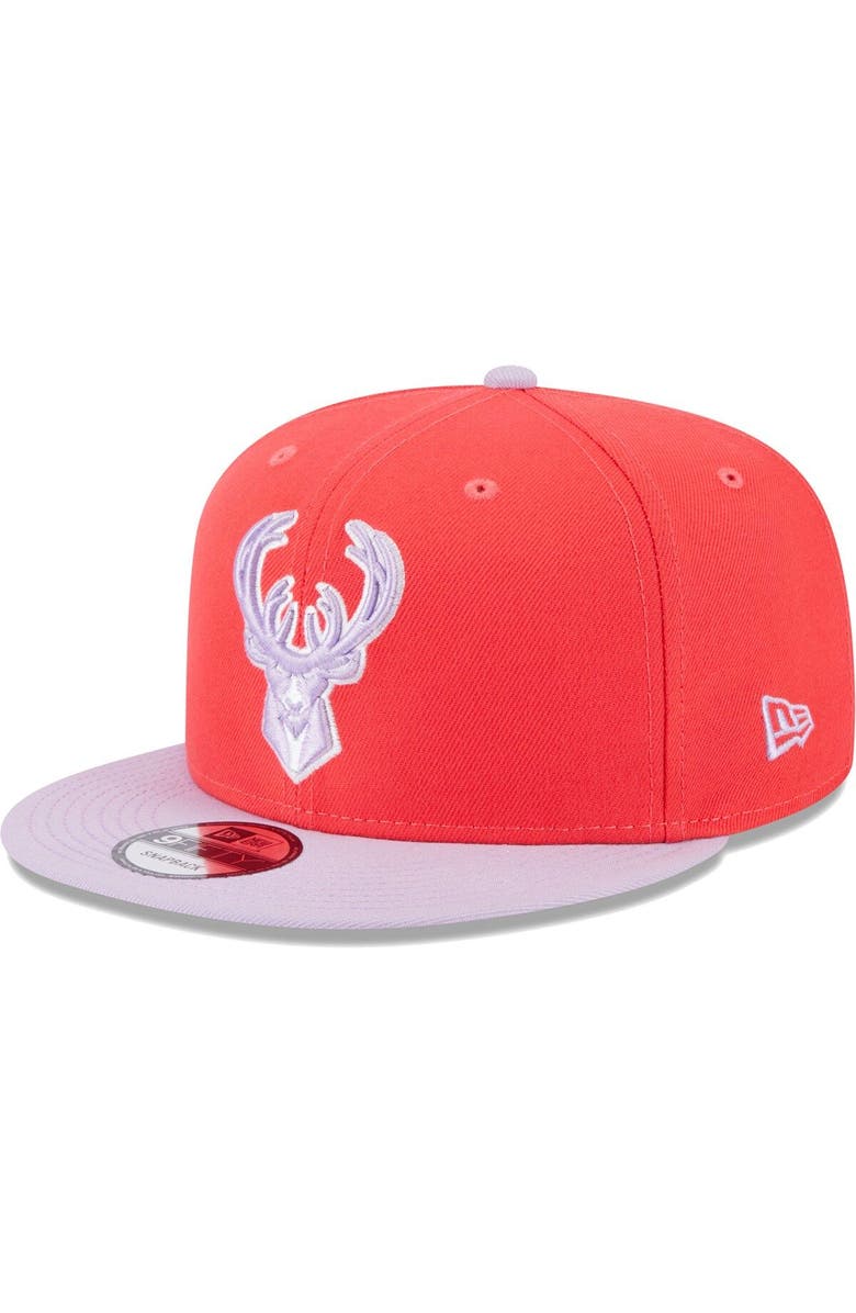 New Era Men's New Era Red/Lavender Milwaukee Bucks 2-Tone Color Pack 9FIFTY Snapback Hat, Main, color, 