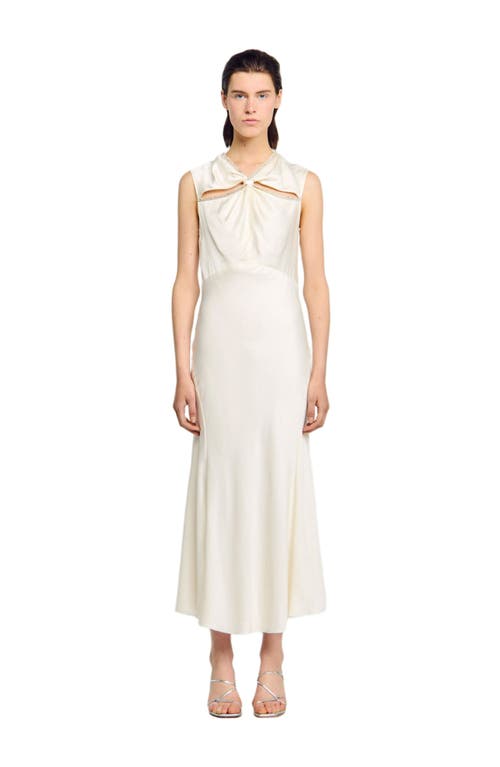 Sandro Womens Rhinestone-embellished Cut-out Satin Maxi Dress Ecru In White