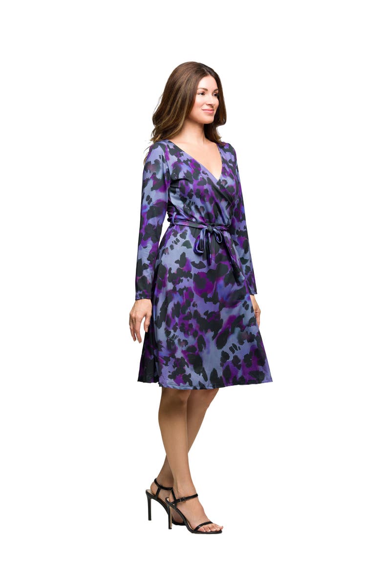 24seven Comfort Apparel Long Sleeve Wrap Dress with Belt Print, Alternate, color, Purple Multi