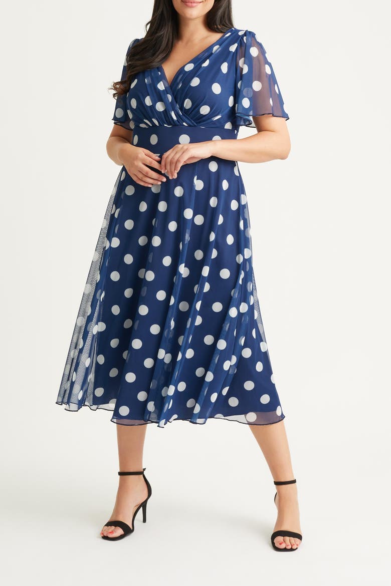 Victoria Spot Angel Sleeve Midi Dress, Alternate, color, Navy Spot