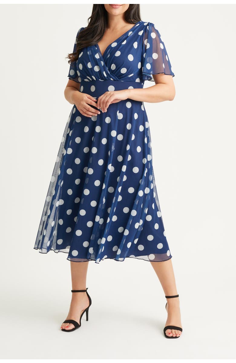 Scarlett & Jo Victoria Spot Angel Sleeve Midi Dress, Alternate, color, Navy Spot