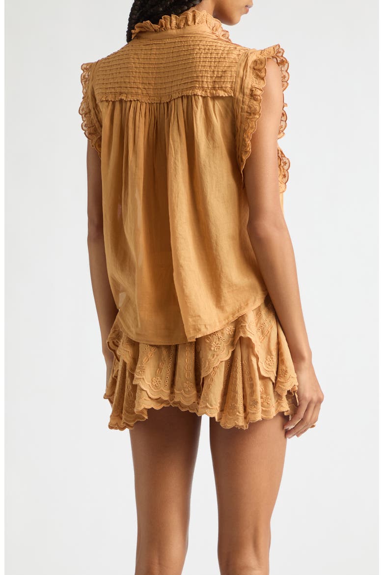 Dersia Embroidery & Pleat Detail Sleeveless Cotton Button-Up Shirt, Alternate, color, CARAMEL