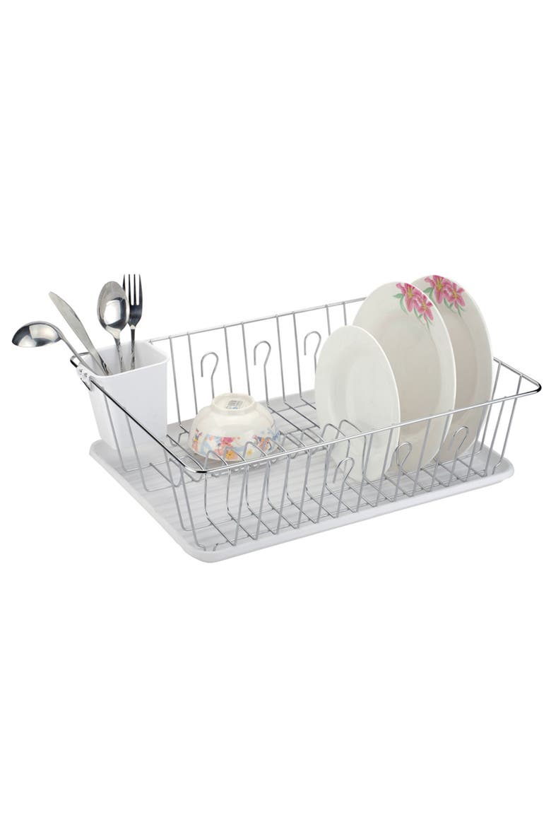 16-Inch Dish Rack in White with Cutlery Holder, Alternate, color, Silver