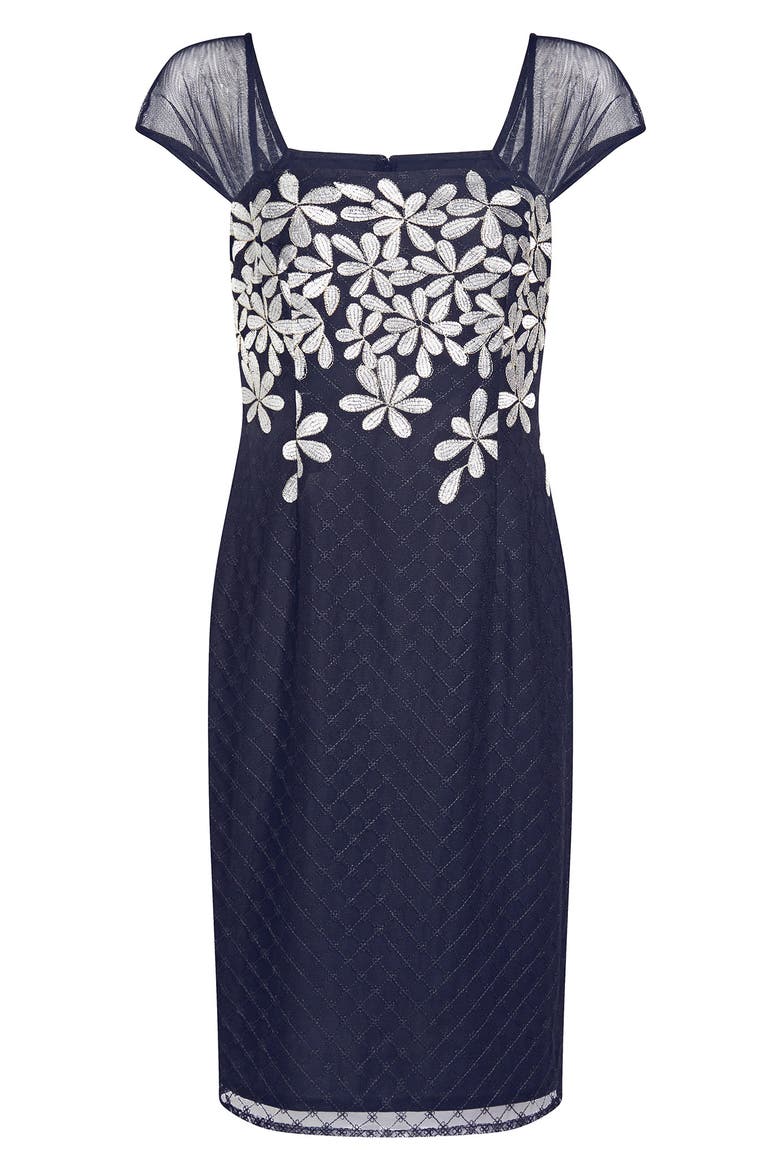 Metallic Floral Embroidered Cocktail Sheath Dress, Alternate, color, NAVY/ IVORY