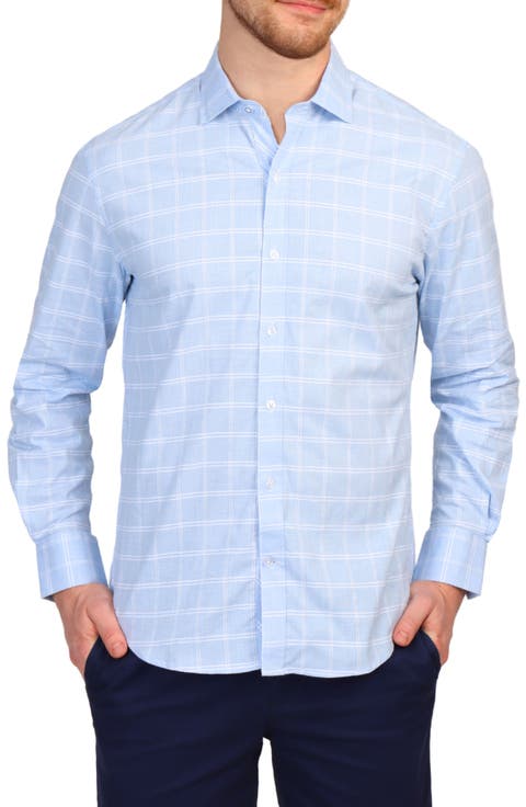 Windowpane Stretch Cotton Button Down Shirt