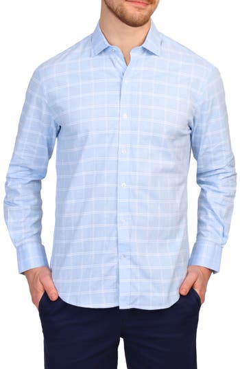 Tailorbyrd Windowpane Stretch Cotton Button Down Shirt In Light Blue