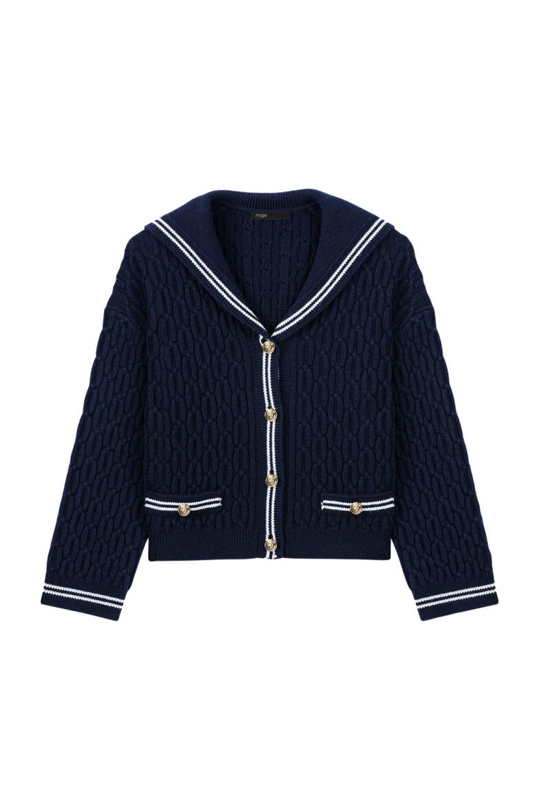 Boat neck cable-knit cardigan, Alternate, color, Navy