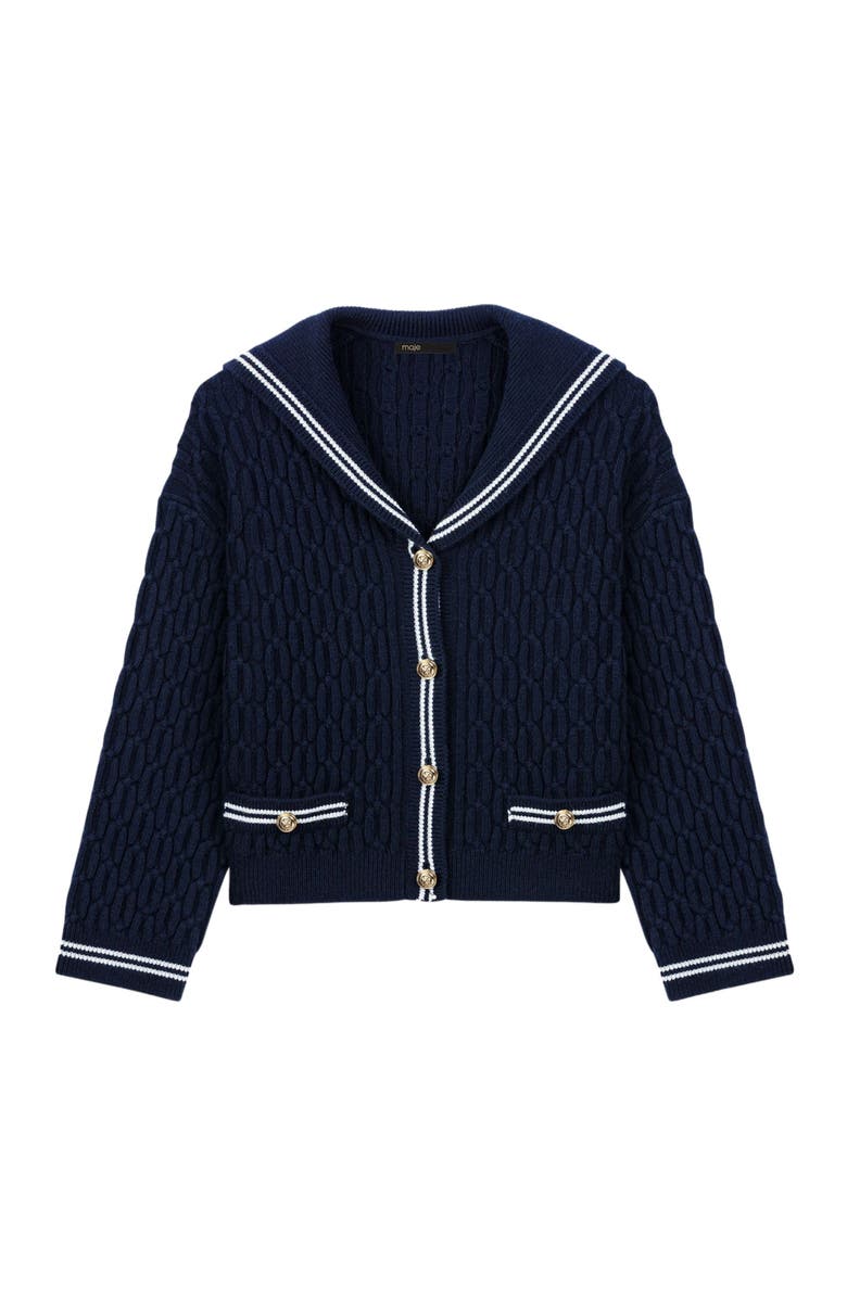 maje Boat neck cable-knit cardigan, Alternate, color, Navy