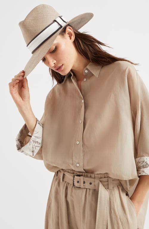 Brunello Cucinelli Women Cotton Organza Shirt With Glistening Flora Embroidery In Beige