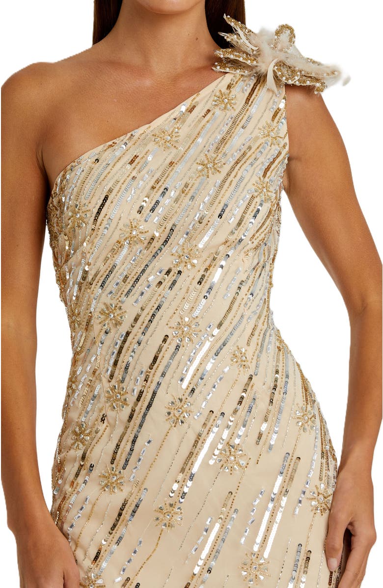 Mac Duggal Embellished Floral Detail One Shoulder Gown, Alternate, color, Nude Gold