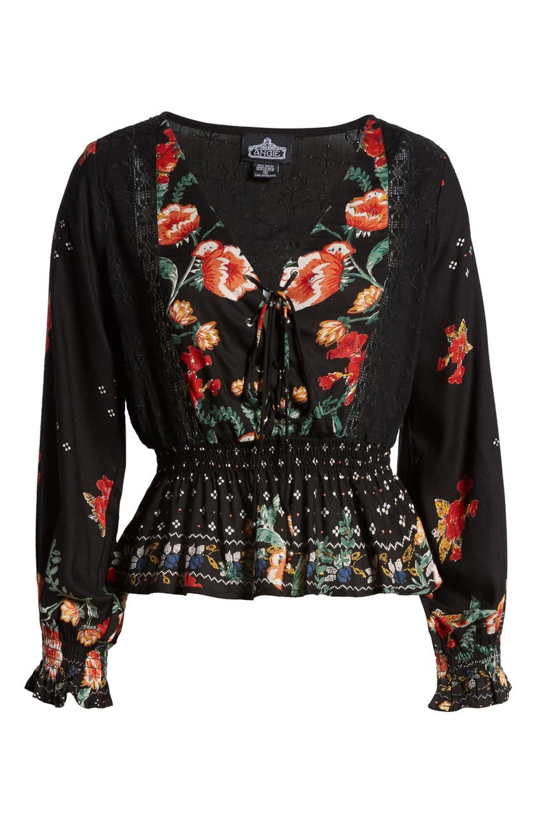 Angie Floral Print Lace Trim Peplum Top, Alternate, color,