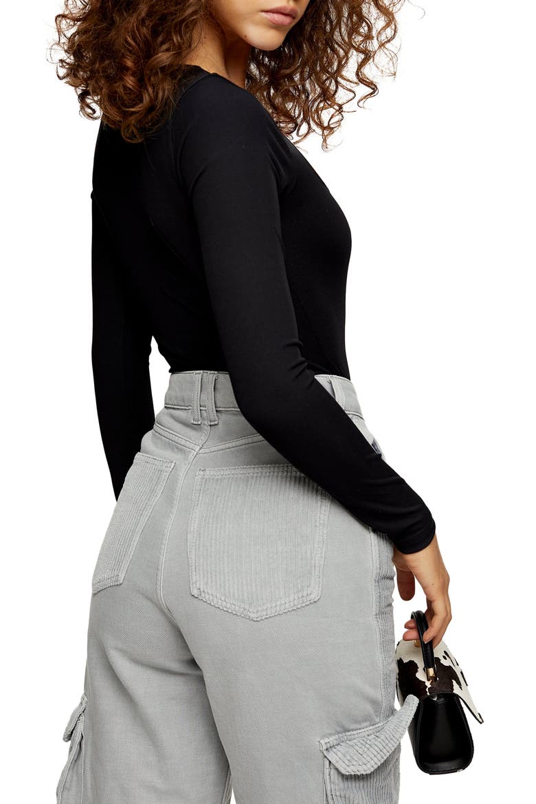 Long Sleeve Square Neck Bodysuit, Alternate, color, BLACK