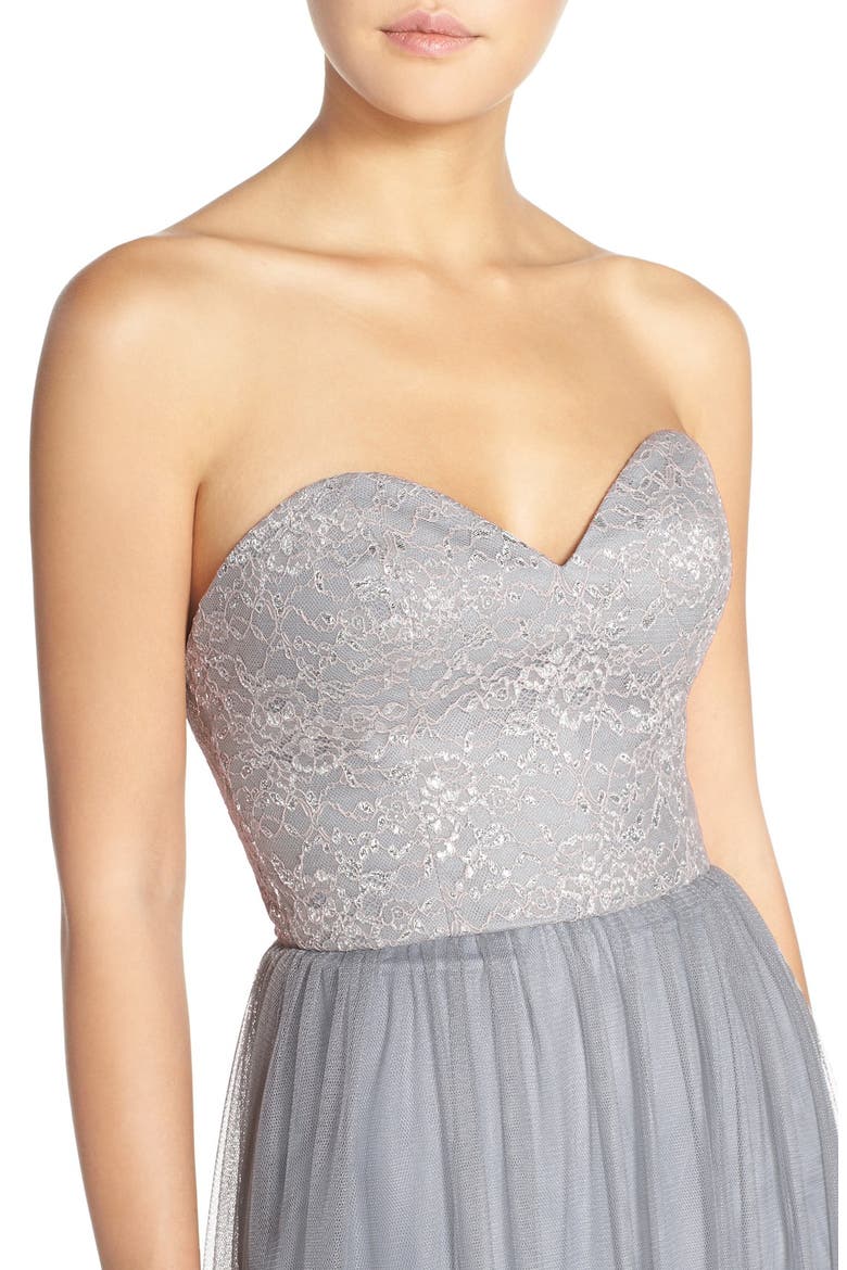 Strapless Metallic Lace & Net Gown, Alternate, color, SILVER/ PEWTER