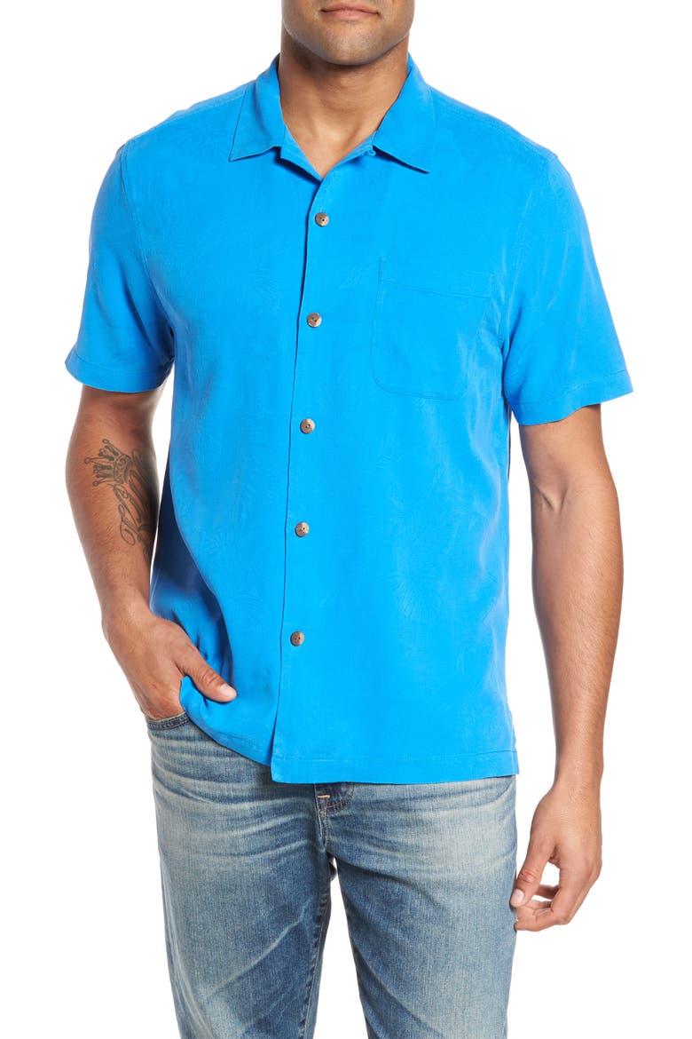 St Lucia Fronds Silk Camp Shirt, Main, color, SANTORINI BLUE