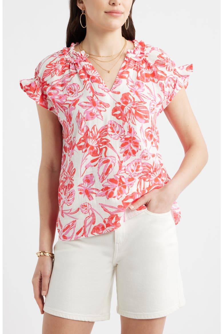 Ruffle Cotton Gauze Top, Main, color, IVORY- PINK ELLIE BLOSSOM