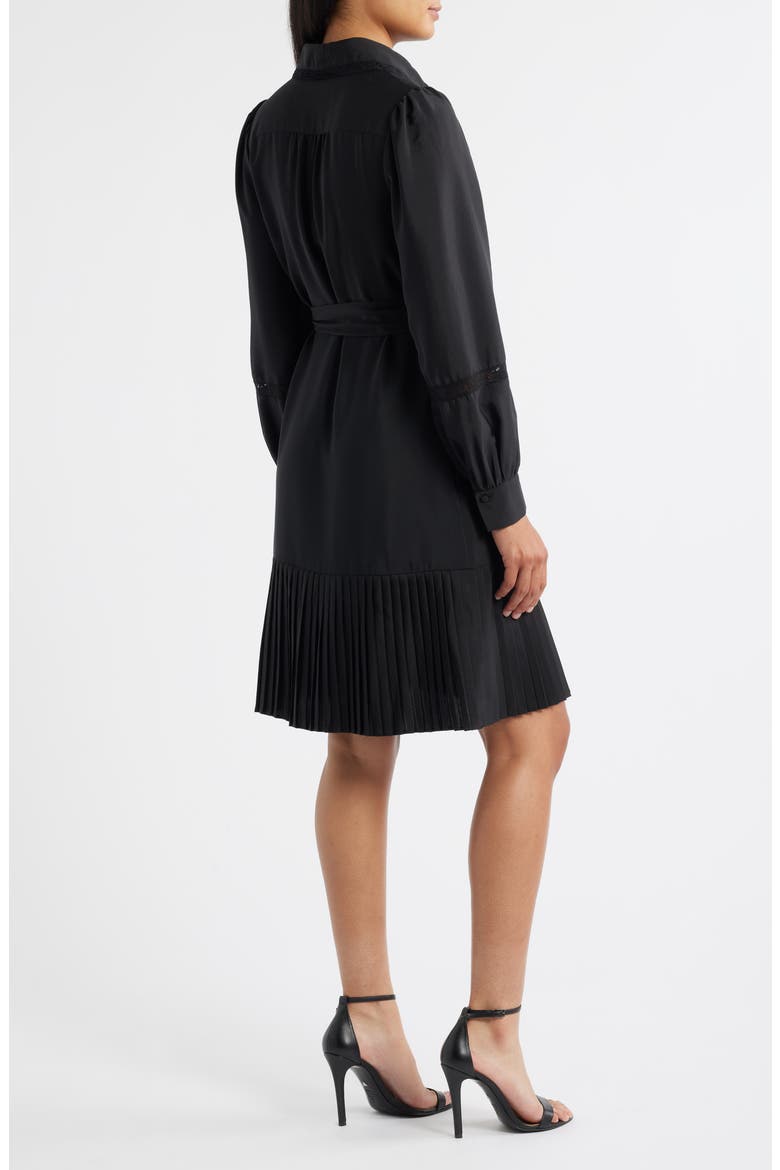 Lace Detail Long Sleeve Pleated Shirtdress, Alternate, color, BLACK