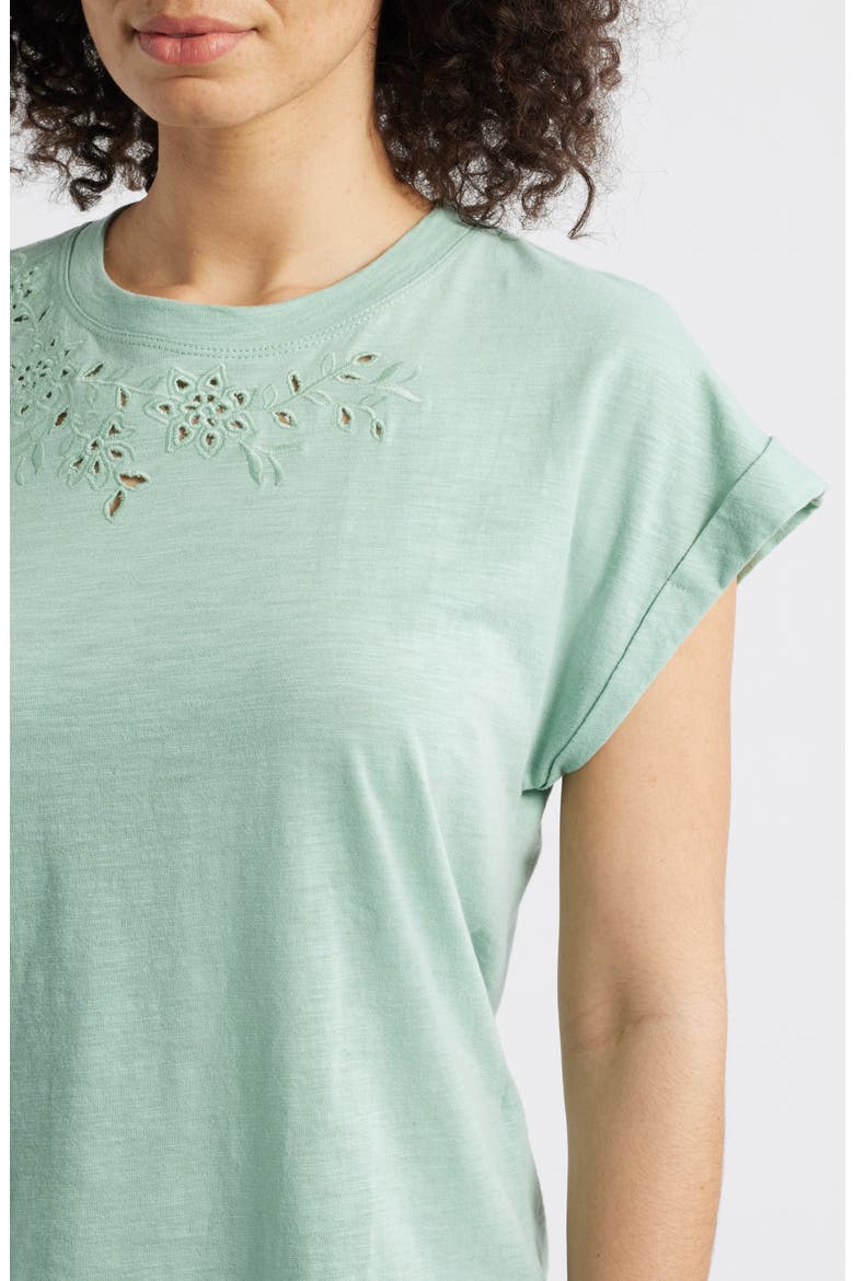 Embroidered Eyelet Cap Sleeve T-Shirt, Alternate, color, VINTAGE JADE