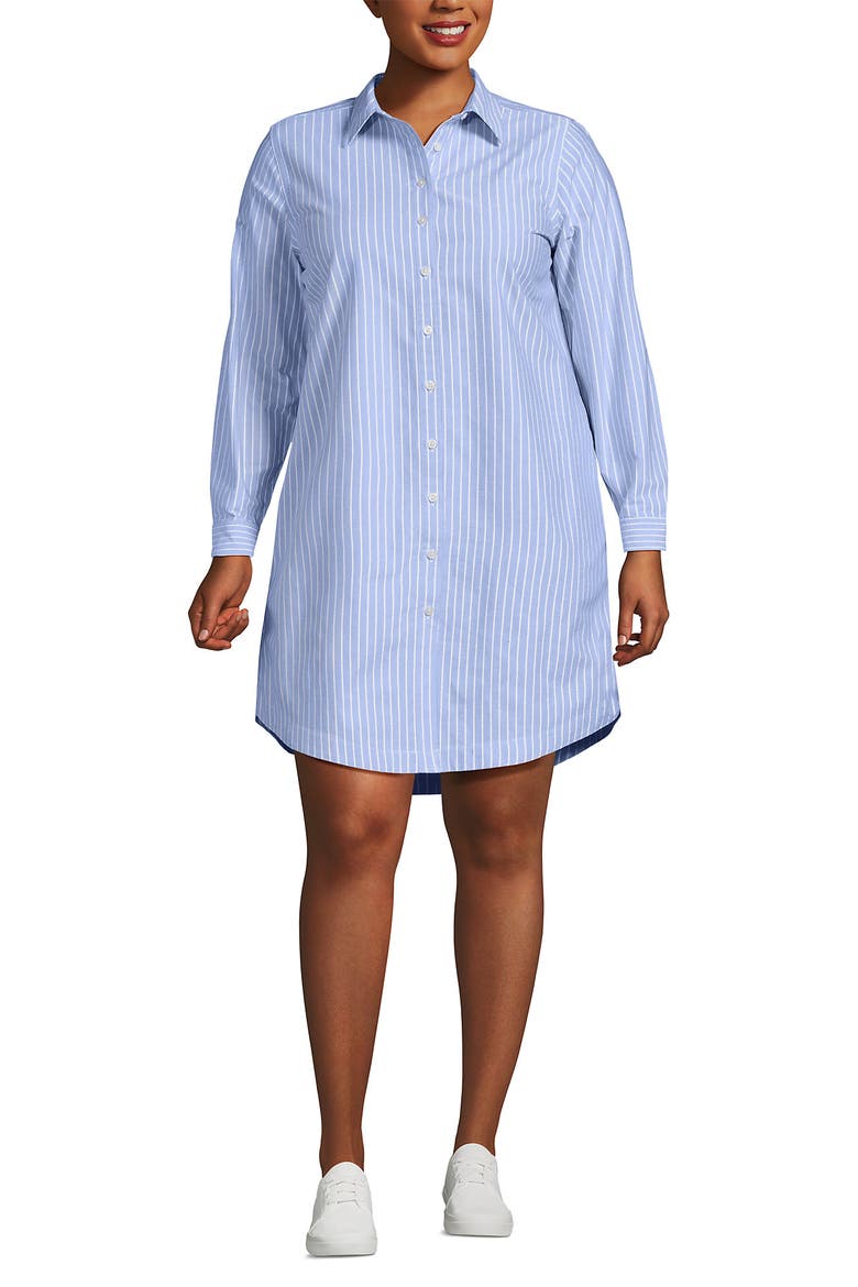 Linen Long Sleeve Button Front Shirt Dress, Main, color, Blue/White Stripe