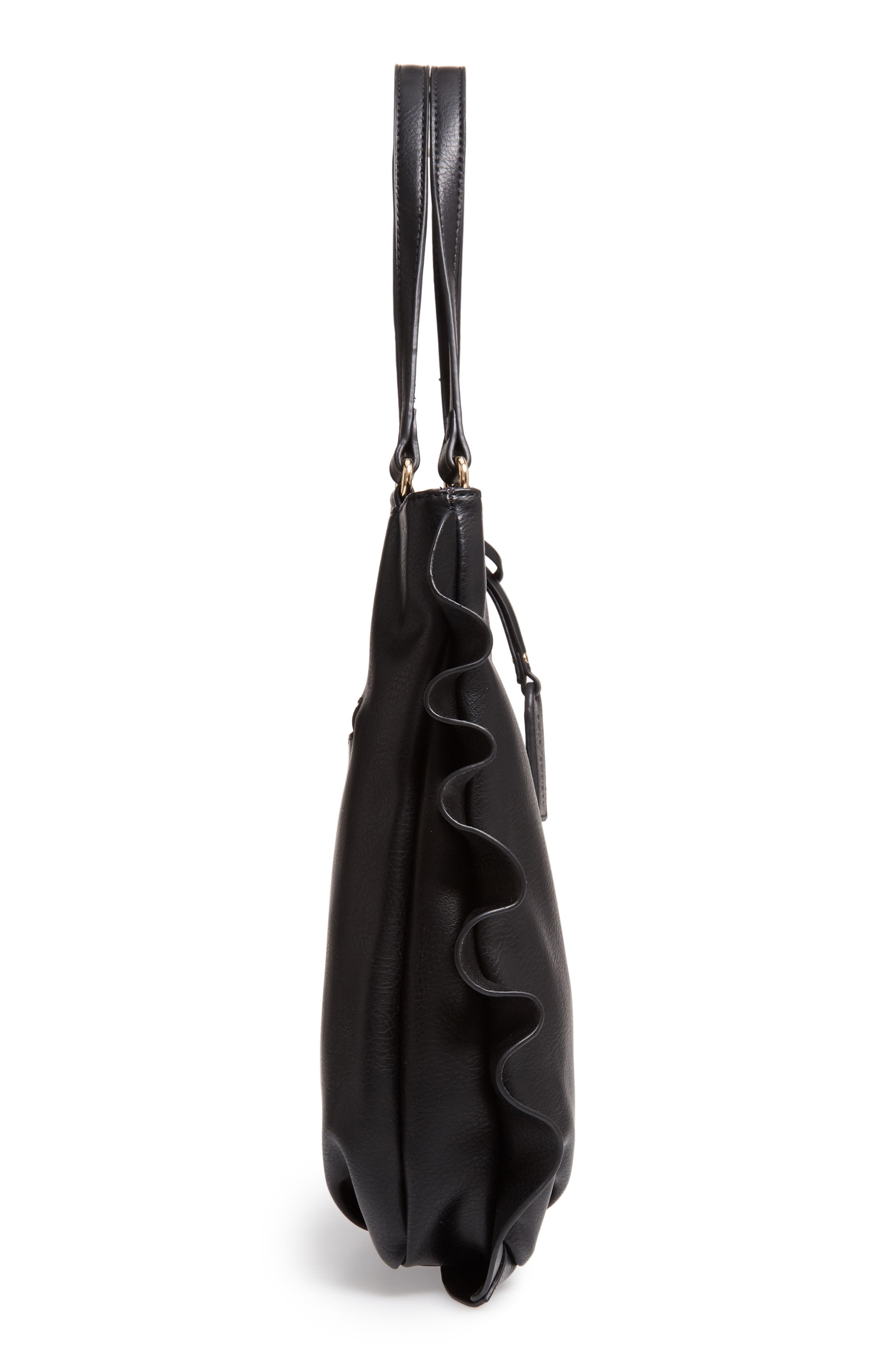 Arwen Ruffle Trim Faux Leather Tote, Alternate, color, BLACK
