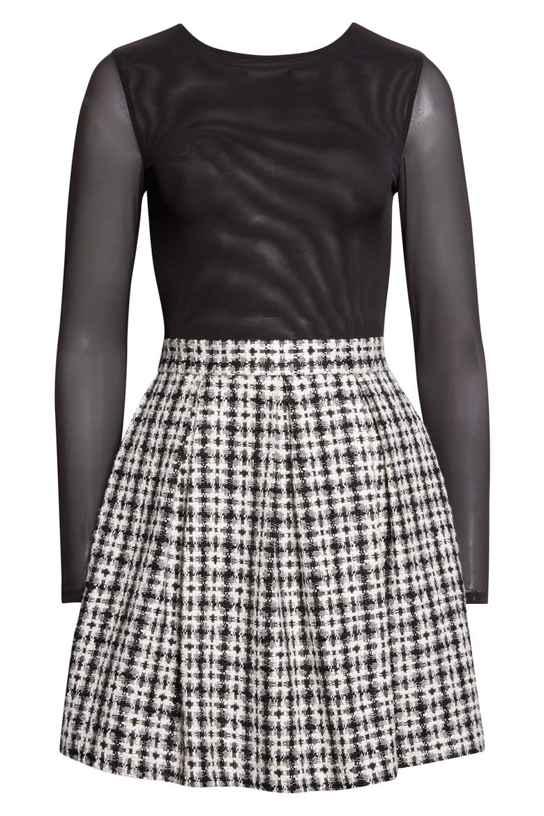 Chara Long Sleeve Mixed Media Party Dress, Alternate, color, BLACK/ OFF WHITE