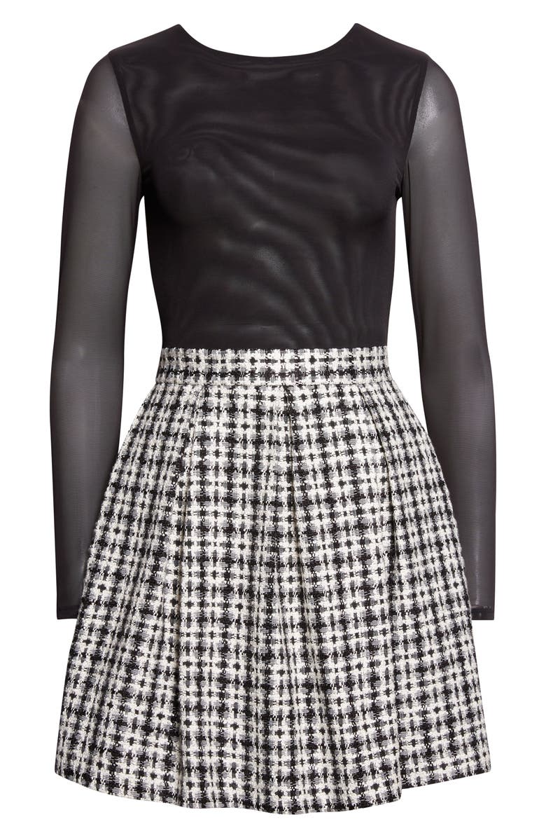 Alice + Olivia Chara Long Sleeve Mixed Media Party Dress, Alternate, color, Black/ Off White