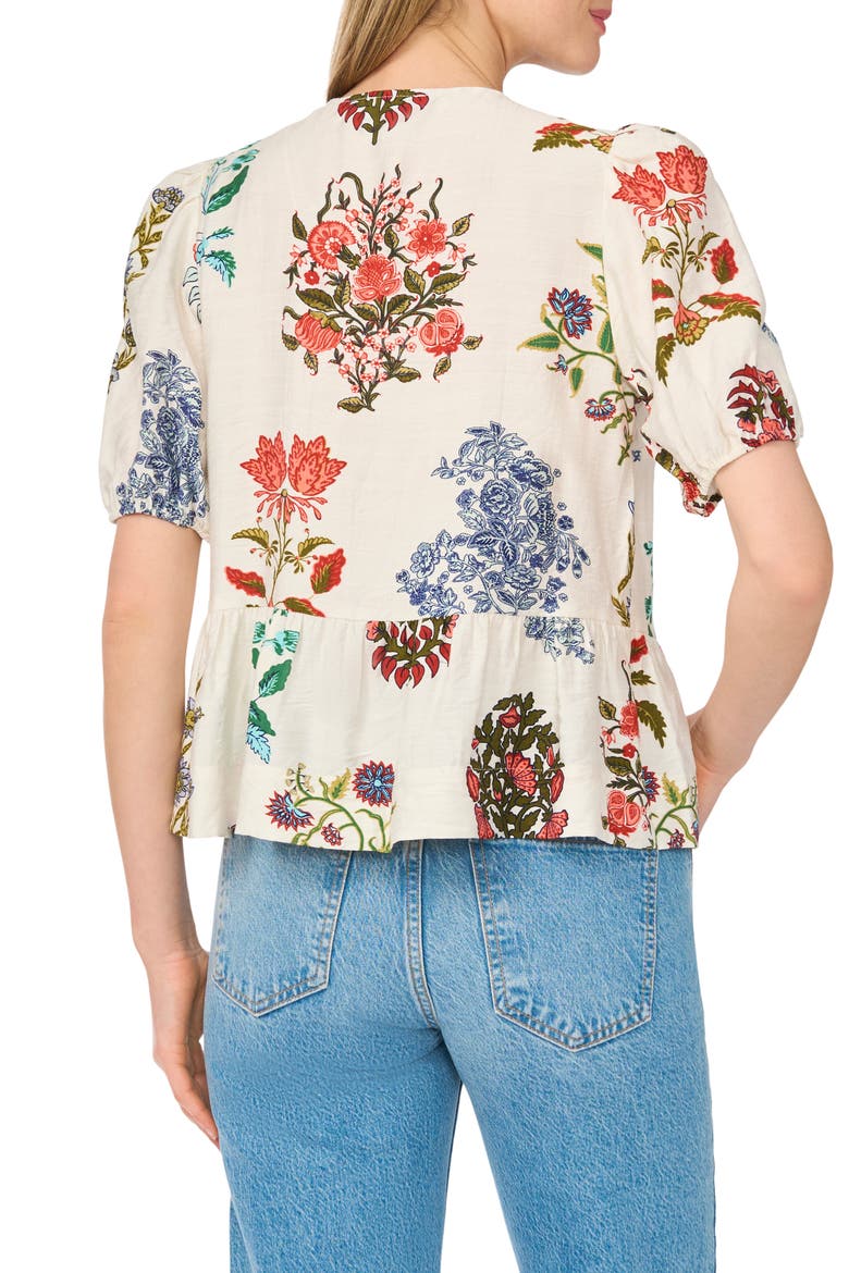 Floral Tie Keyhole Puff Sleeve Peplum Top, Alternate, color, MAYFLY