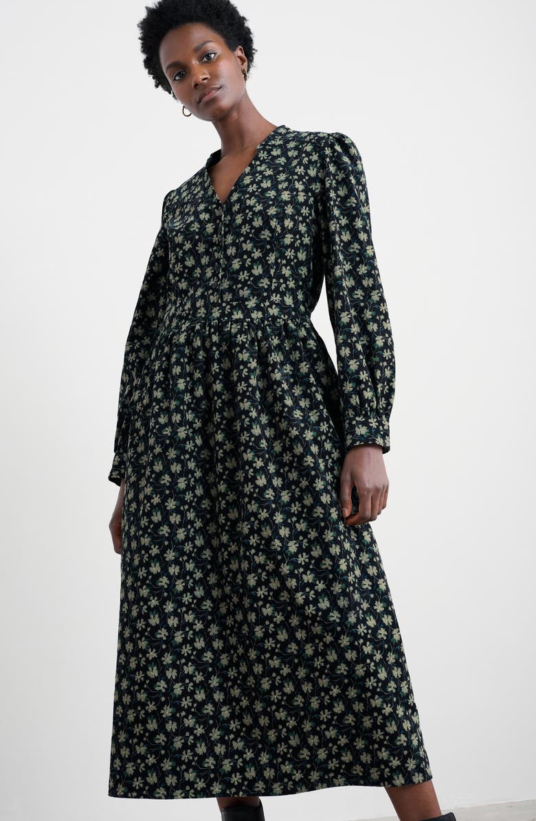 Seasalt Cornwall Rose Cottage Floral Long Sleeve Corduroy Midi Dress, Alternate, color, Smudge Floral Onyx