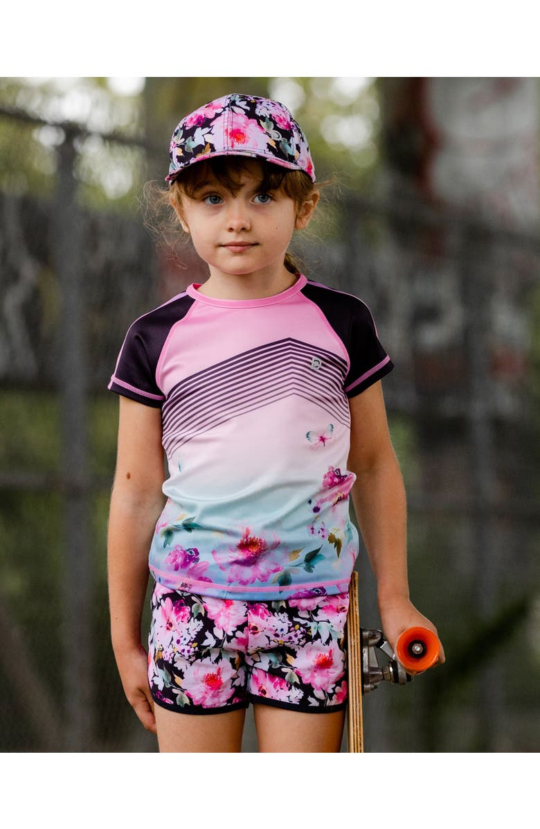 Deux par Deux Little Girl's Athletic Shorts Black Printed Big Flowers, Alternate, color, 