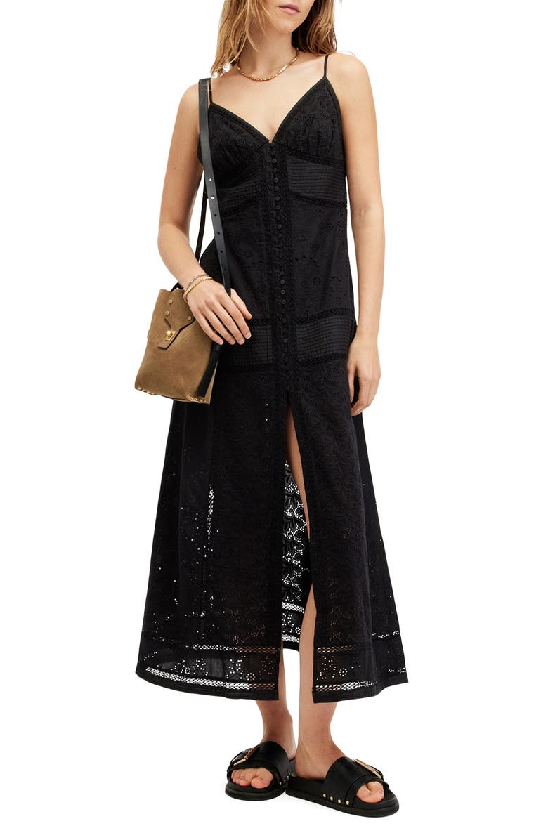 AllSaints Dahlia Embroidered Eyelet Maxi Dress, Alternate, color, Black