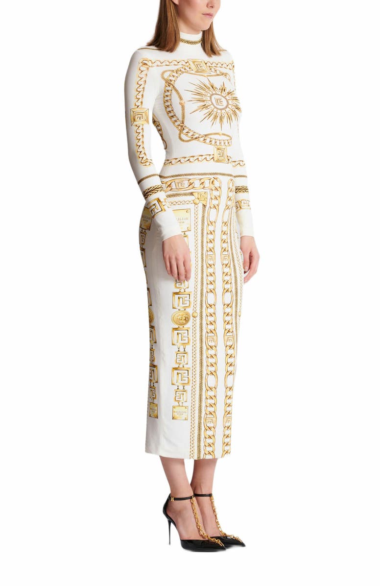Balmain Long Printed Bodycon Dress With Balmain Foulard Pattern, Main, color, Gold