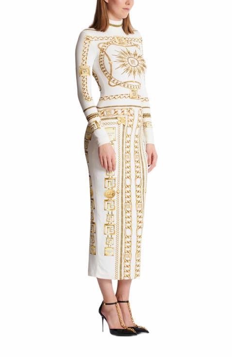 Long Printed Bodycon Dress With Balmain Foulard Pattern