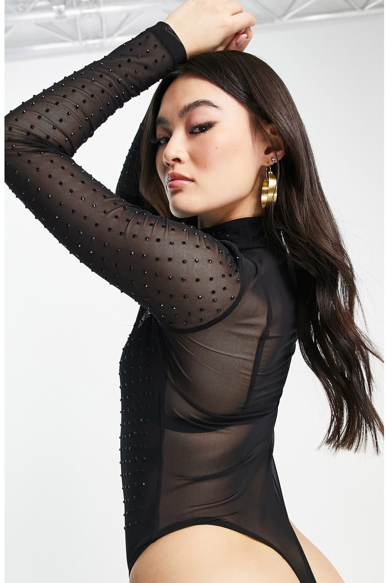 Hotfix Mesh Long Sleeve Bodysuit, Alternate, color, BLACK