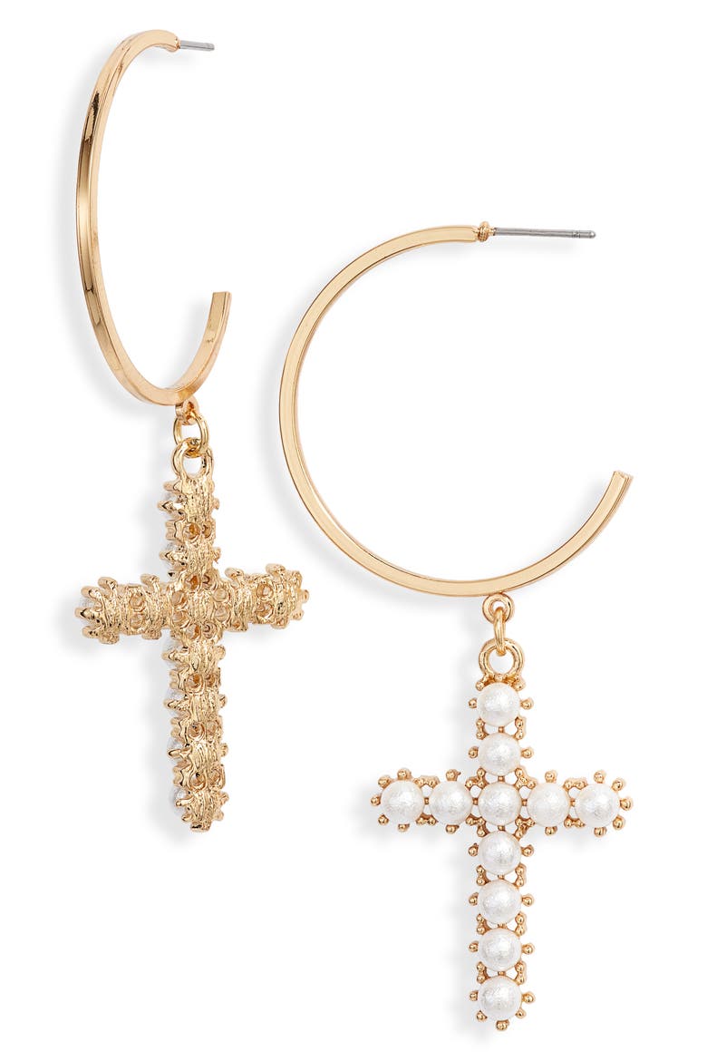 Imitation Pearl Cross & Hoop Earrings, Main, color, GOLD