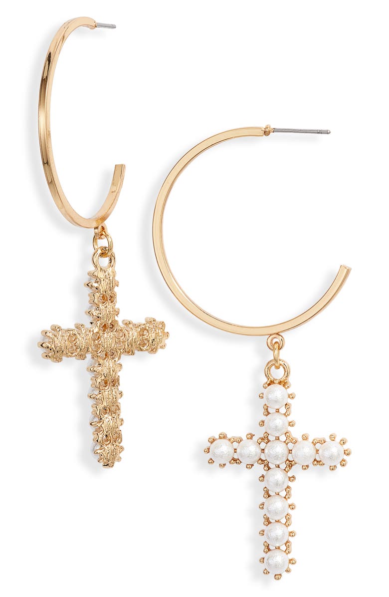 Ettika Imitation Pearl Cross & Hoop Earrings, Main, color,