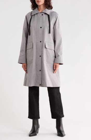 Bernardo Hooded Long Raincoat In Grey
