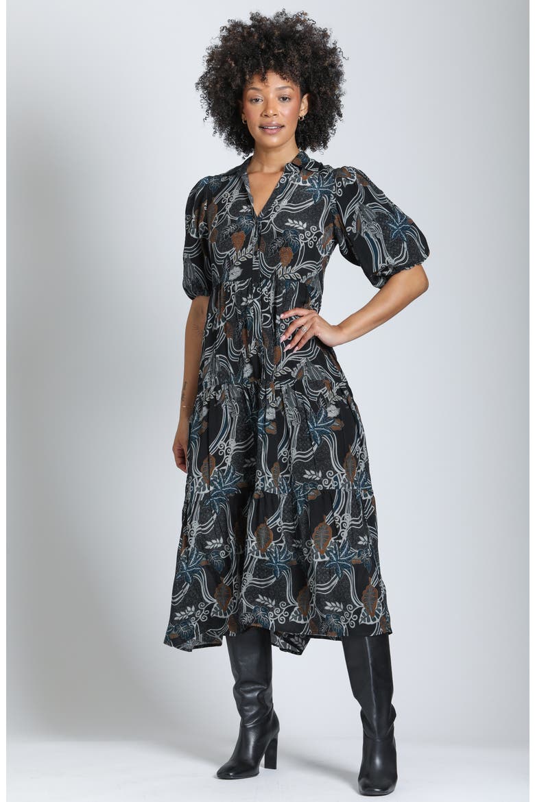 Tiered Elbow Sleeve Midi Dress, Alternate, color, MIDNIGHT SPRUCE MULTI
