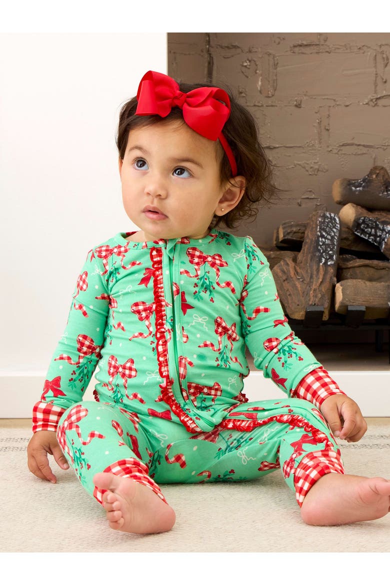 SoftSnooze Holiday Convertible Ruffle One Piece Pajama, Alternate, color, Mistlebows