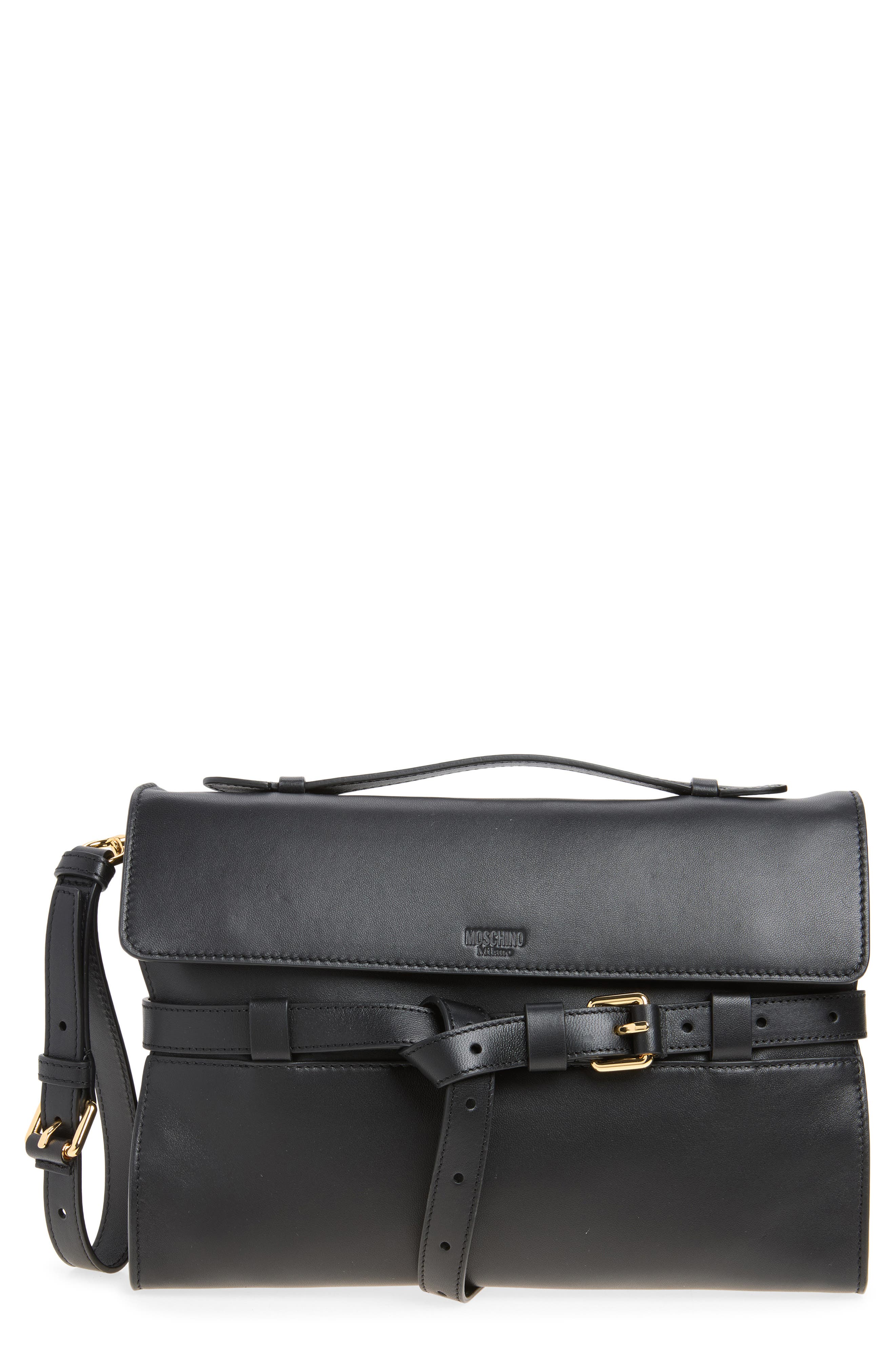 Tie Me Soft Leather Clutch, Main, color, BLACK