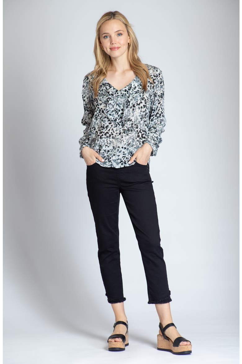 Watercolor Print Ruffle V-Neck Chiffon Top, Alternate, color, BLACK MULTI