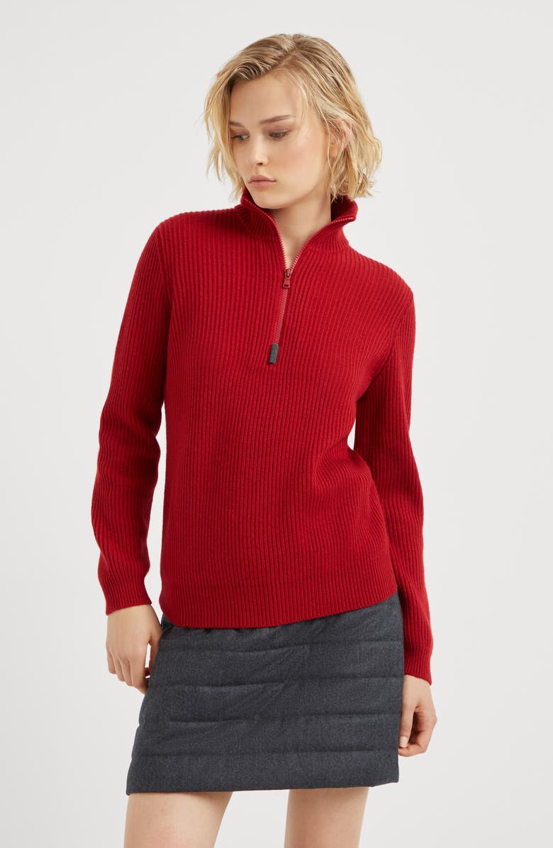 Brunello Cucinelli Cashmere English rib sweater with half zip and shiny detail, Alternate, color, 