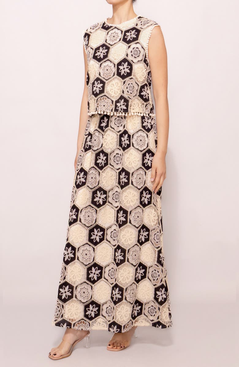 MELLODAY Crochet Detail Sleeveless Maxi Dress, Alternate, color, Ivory Black